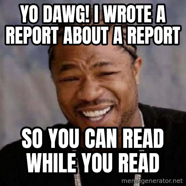 xzibit-yo-dawg meme: Yo dawg! I wrote a report about a report / So you can read while you read