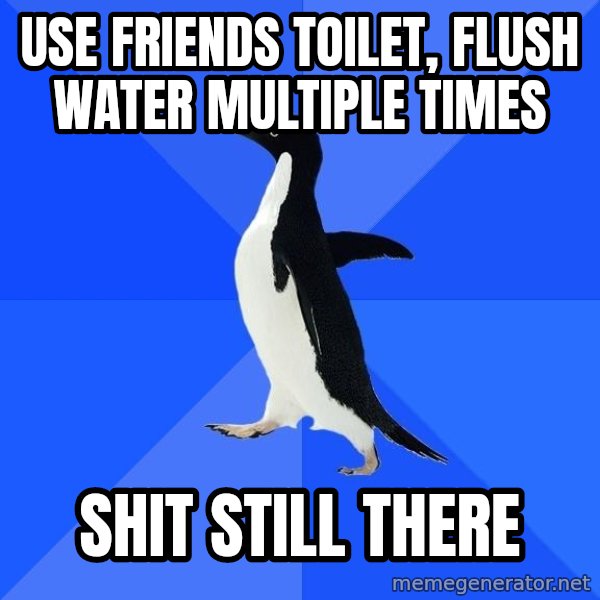 Socially Awkward Penguin meme: Use friends toilet, flush water multiple times / shit still there
