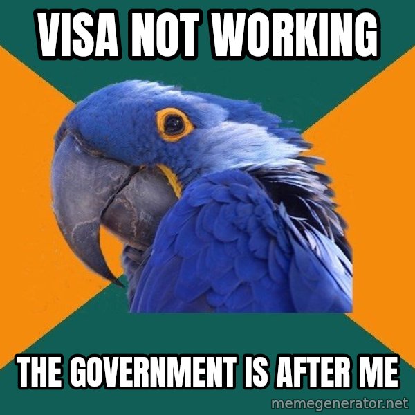 Paranoid Parrot meme: Visa not working / the government is after me