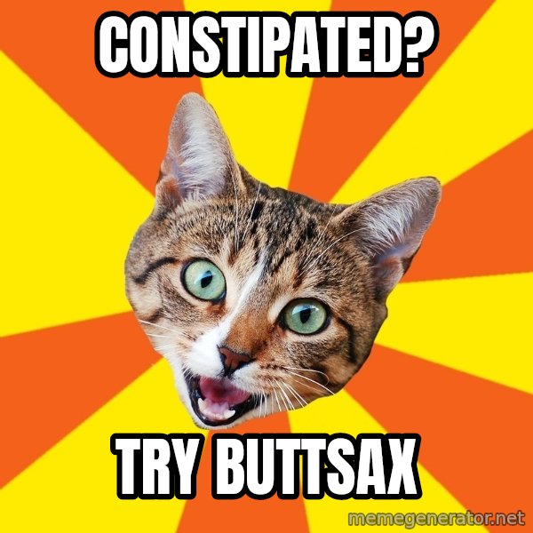 Bad Advice Cat meme: CONSTIPATED? / TRY BUTTSAX
