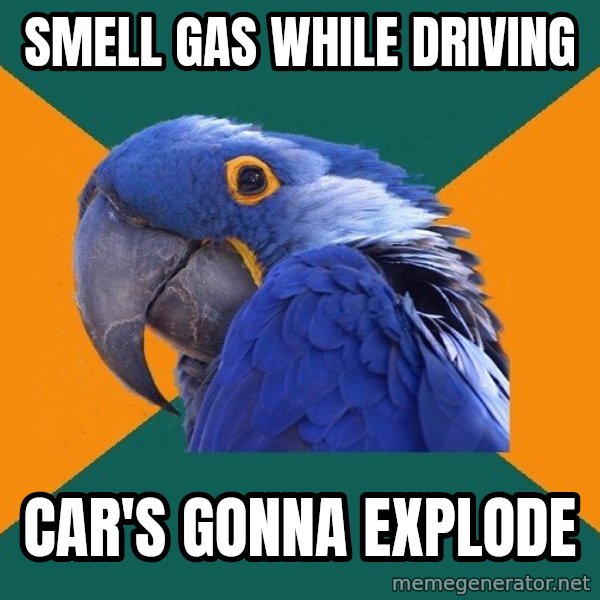 Paranoid Parrot meme: smell gas while driving / car's gonna explode