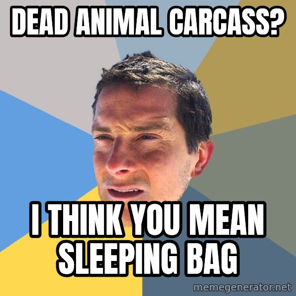 Bear Grylls meme: dead animal carcass? / i think you mean SLEEPING BAG