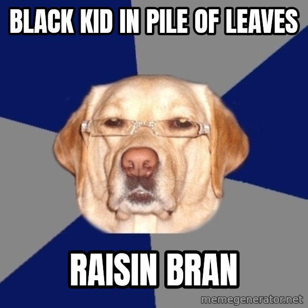 Racist Dog meme: Black Kid in pile of leaves / raisin bran