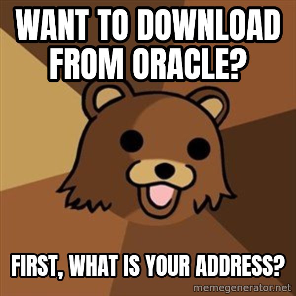 Pedobear meme: Want to download from Oracle? / First, what is your Address?