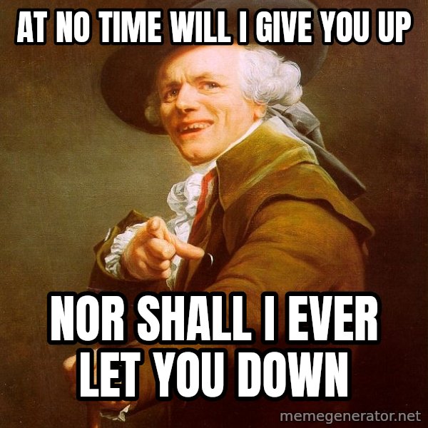Joseph Ducreux meme: At No time Will I Give you up / Nor shall i ever let you down