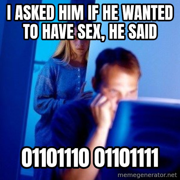 Internet Husband meme: I asked him if he wanted to have sex, he said / 01101110 01101111