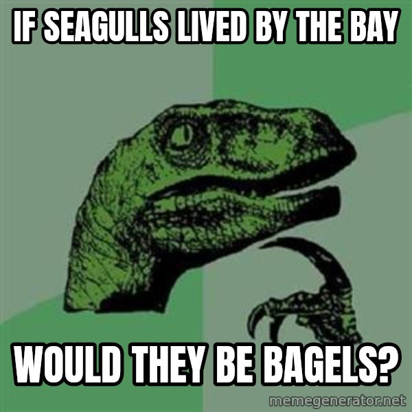 Philosoraptor meme: If seagulls lived by the bay / wOULD THEY BE bagels?