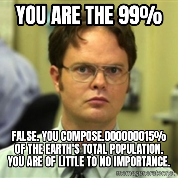Dwight Schrute meme: You are the 99% / False. You compose.000000015% of the earth's total population. you are of little to no importance.