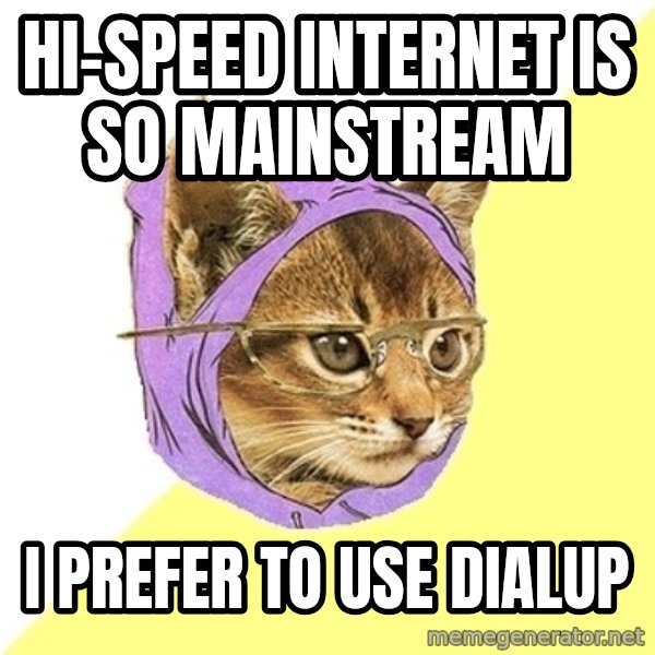 Hipster Kitty meme: Hi-speed internet is so mainstream / I prefer to use dialup
