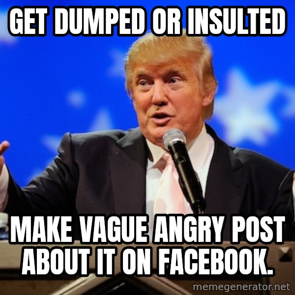 Annoying Facebook Girl meme: get dumped or insulted / make vague angry post about it on facebook.