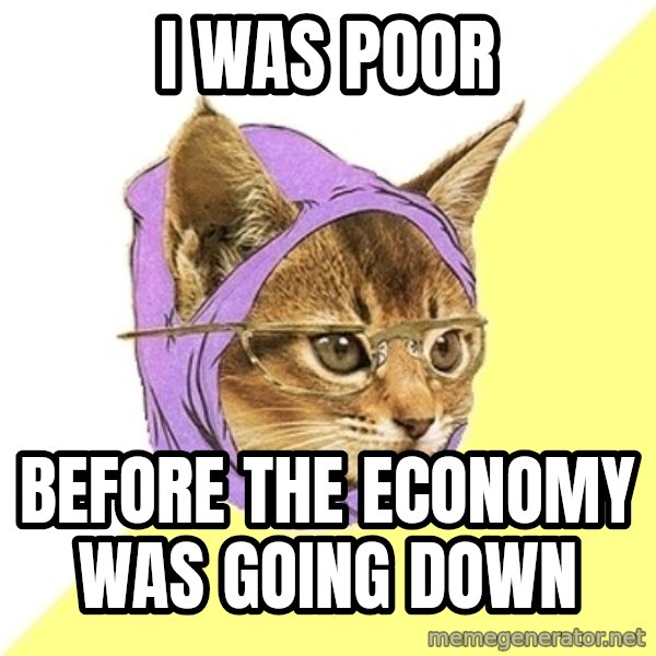 Hipster Kitty meme: I was poor / Before the economy was going down