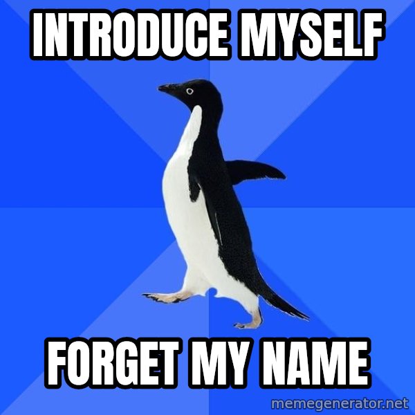Socially Awkward Penguin meme: introduce myself / forget my name