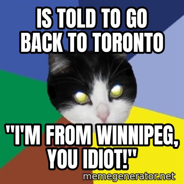 Winnipeg Cat meme: Is told to go back to Toronto / "I'm from wInNipeg, you idiot!"
