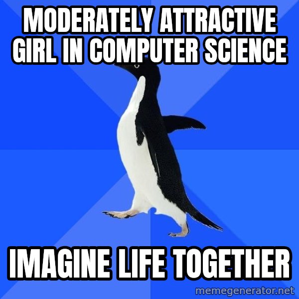 Socially Awkward Penguin meme: moderately attractive girl in computer science / imagine life together