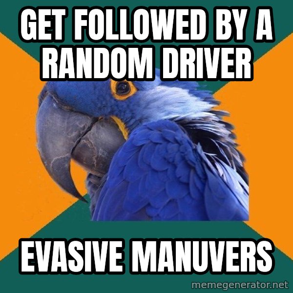 Paranoid Parrot meme: Get followed by a random driver / evasive manuvers