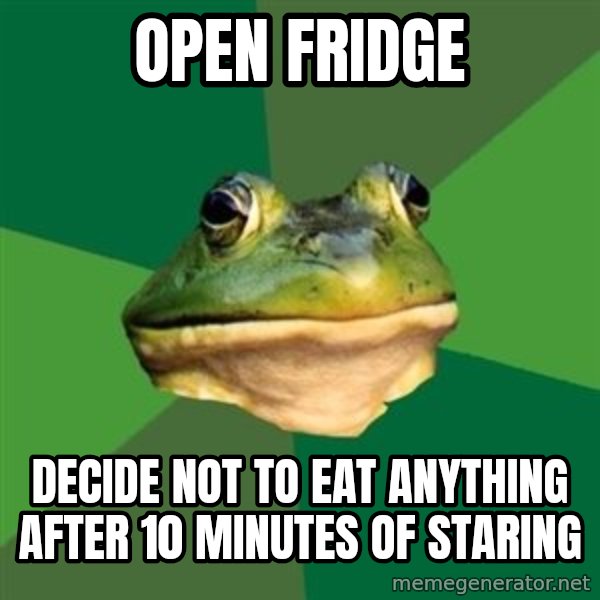 Foul Bachelor Frog meme: Open fridge / Decide not to eat anything after 10 minutes of staring