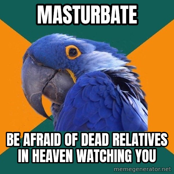 Paranoid Parrot meme: masturbate / be afraid of dead relatives in heaven watching you