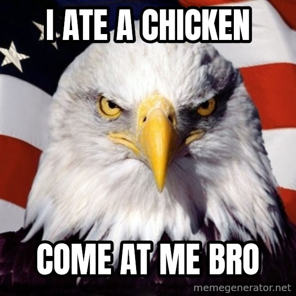 American Pride Eagle meme: I ATE A CHICKEN / COME AT ME BRO