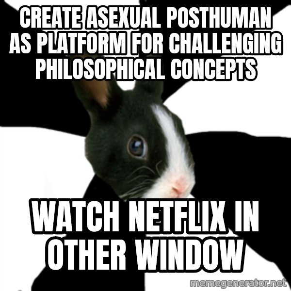 Roleplaying Rabbit meme: create asexual posthuman as platform for challenging philosophical concepts / watch netflix in other window