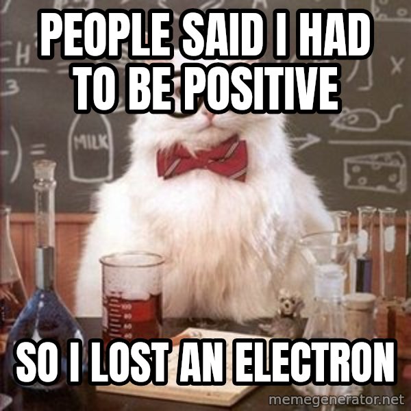 Chemistry Cat meme: people said i had to be positive / so i lost an electron