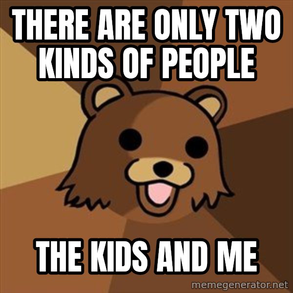 Pedobear meme: There are only two kinds of  people / The kids and me