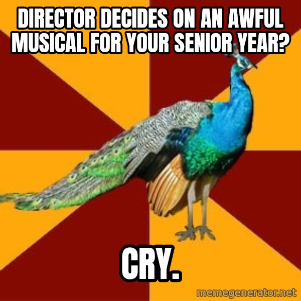 Thespian Peacock meme: director decides on an awful musical for your senior year? / cry.