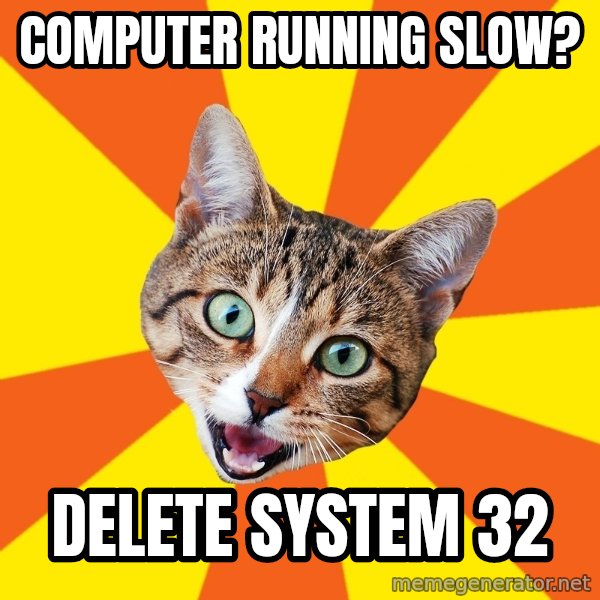 Bad Advice Cat meme: computer running slow? / Delete system 32