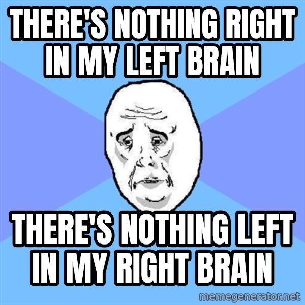 Okay Guy meme: THERE's Nothing right in my left brain / THERE's Nothing LEFT in my RIGHT brain