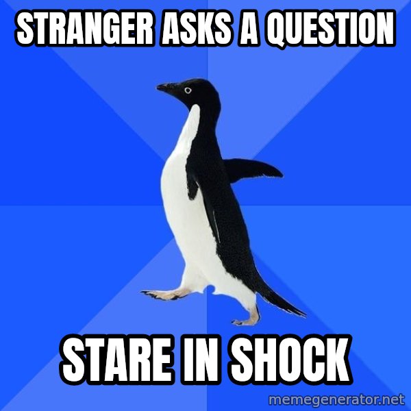 Socially Awkward Penguin meme: stranger asks a question / stare in shock