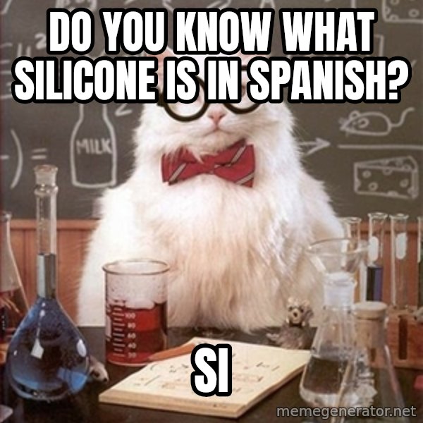 Science Cat meme: Do you know what Silicone is in Spanish? / Si