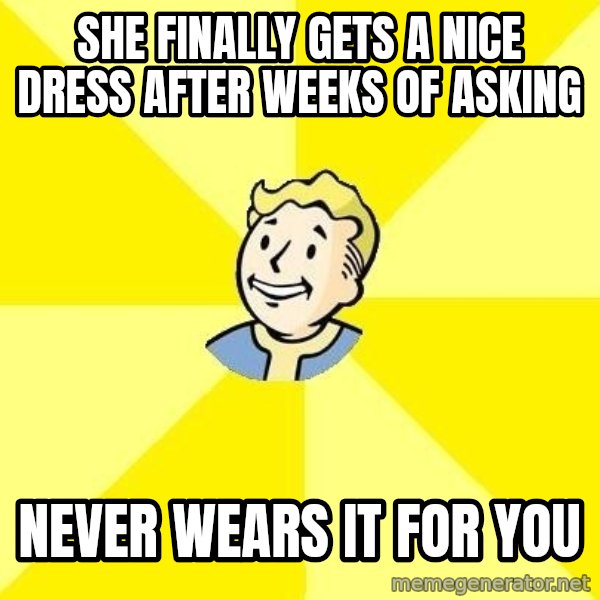 Fallout 3 meme: she finally gets a nice dress after weeks of asking / never wears it for you