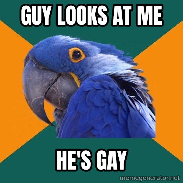 Paranoid Parrot meme: guy looks at me / he's gay