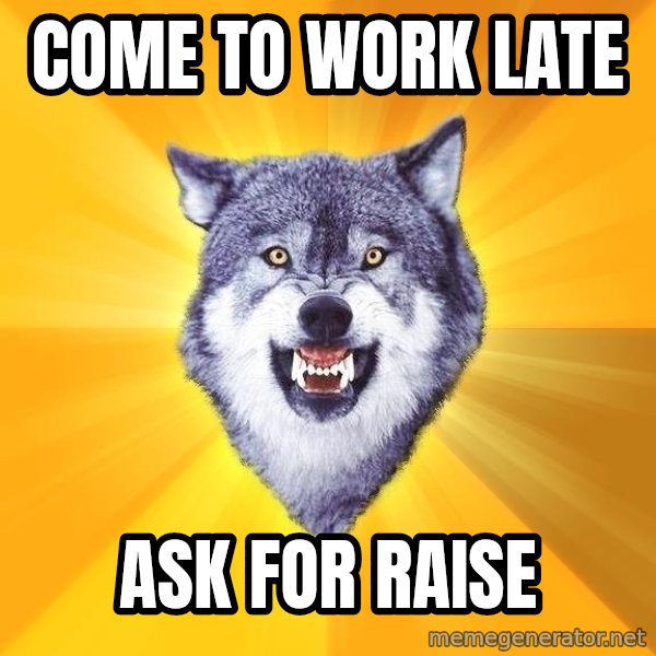 Courage Wolf meme: Come to work late / ask for raise