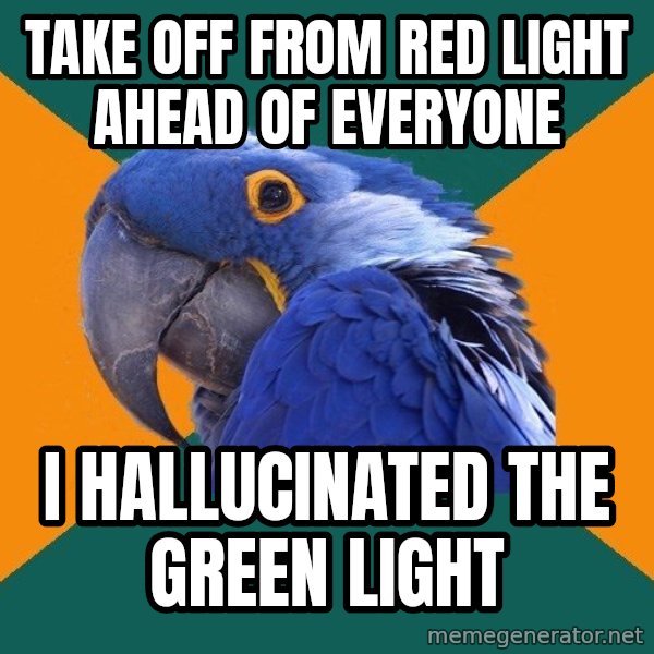 Paranoid Parrot meme: take off from red  light ahead of everyone / i hallucinated the green light
