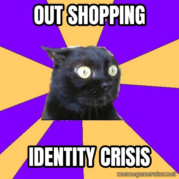 Anxiety Cat meme: out shOPPING / identity crisis