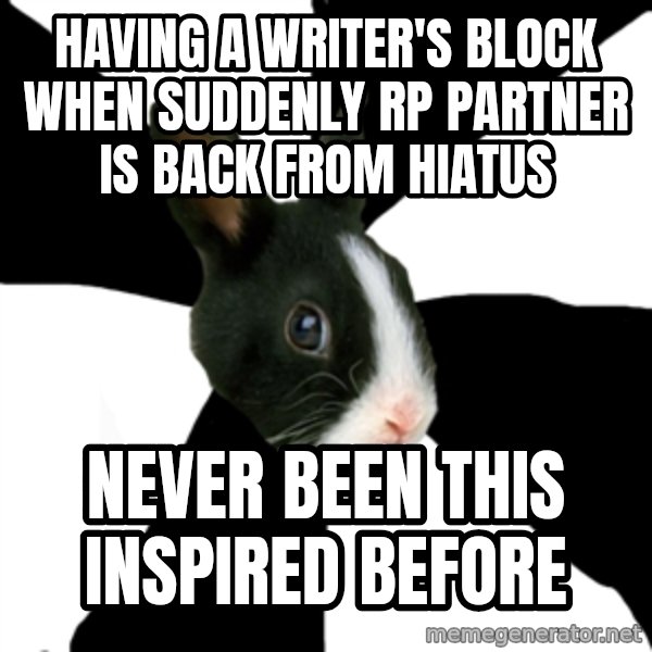 Roleplaying Rabbit meme: having a writer's block when suddenly RP pARTNER IS BACK FROM HIATUS / never been this inspired before