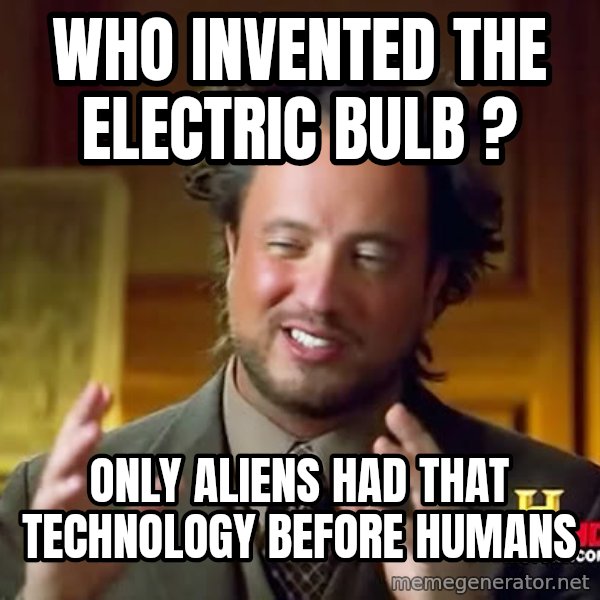 Giorgio A Tsoukalos Hair meme: WHO INVENTED THE ELECTRIC BULB ? / ONLY ALIENS HAD THAT TECHNOLOGY BEFORE HUMANS