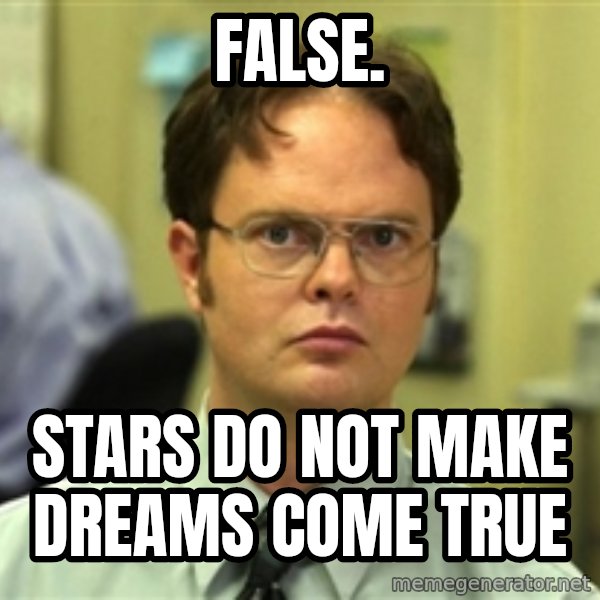 Dwight Schrute meme: FALSE. / stars do not make dreams come true