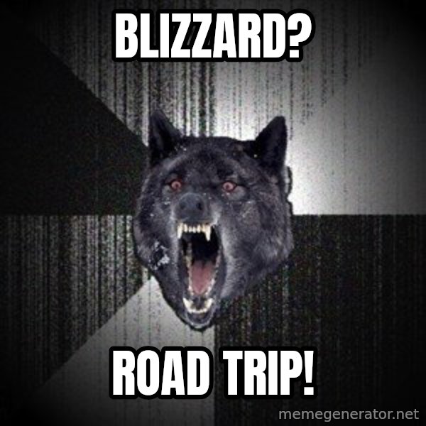 Insanity Wolf meme: Blizzard? / Road trip!