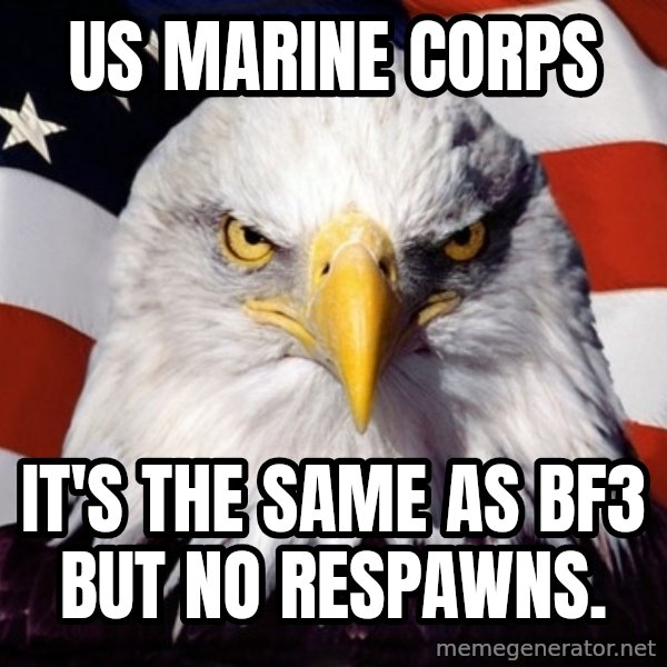 American Pride Eagle meme: us marine corps / it's the same as bf3 but no respawns.