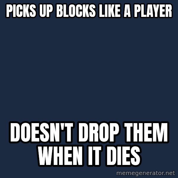 Enderman 18 meme: Picks up blocks like a player / doesn't drop them when it dies