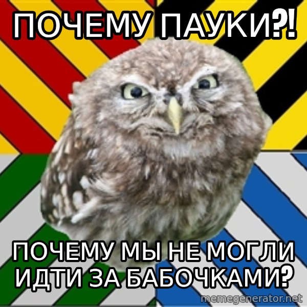 JEALOUS POTTEROMAN meme: Почему пауки?! / почему мы не могли идти за бабочками?