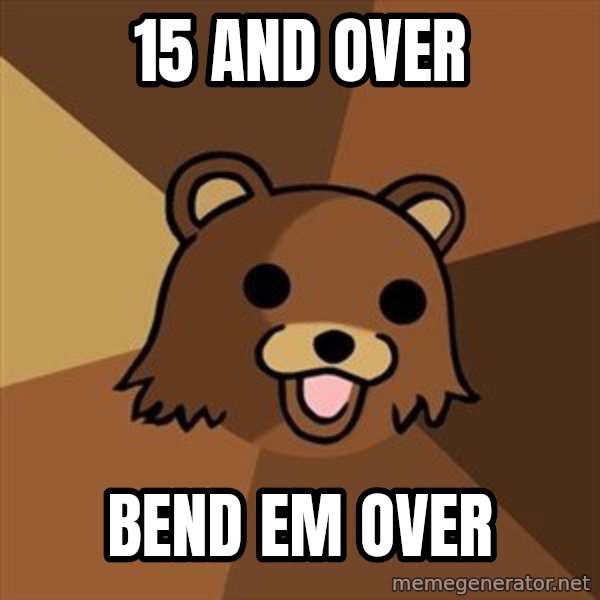 Pedobear meme: 15 and over / bend em over