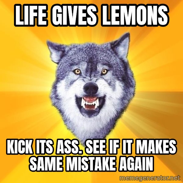 Courage Wolf meme: lIFE GIVES LEMONS / kICK ITS ASS. SEE IF IT MAKES SAME MISTAKE AGAIN