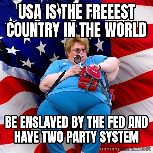 Obese American meme: Usa is the freeest country in the world / be enslaved by the fed and have two party system
