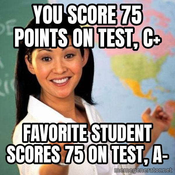 Unhelpful High School Teacher meme: you score 75 points on test, C+ / favorite student scores 75 on test, A-