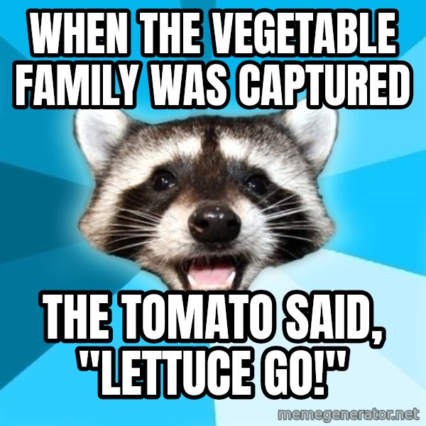 Lame Pun Coon meme: when the vegetable family was captured / the tomato said, "Lettuce go!"