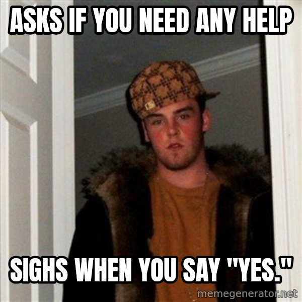 Scumbag Steve meme: asks if you need any help / sighs when you say "Yes."