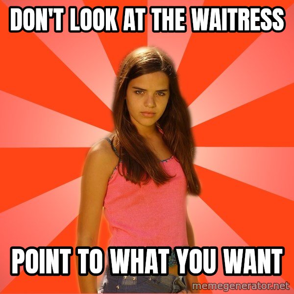 Jealous Girl meme: don't look at the waitress / point to what you want