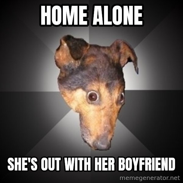 Depression Dog meme: home alone / she's  out with her boyfriend